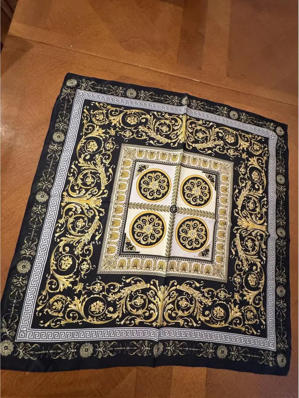 Elegant Black and Gold Ornate Square Scarf 187